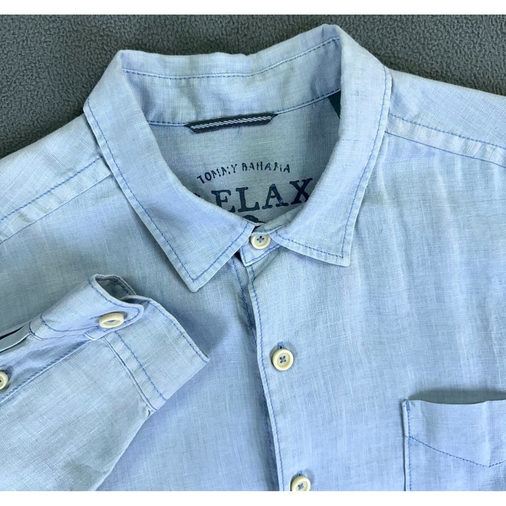 Tommy Bahama Shirt Mens Large Blue Relax Linen Marlin Logo Beach Coastal Resort